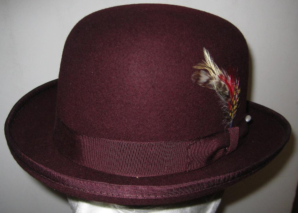 Men's 100% Wool Burgundy Maroon (Dark Red) Derby Bowler Hat by