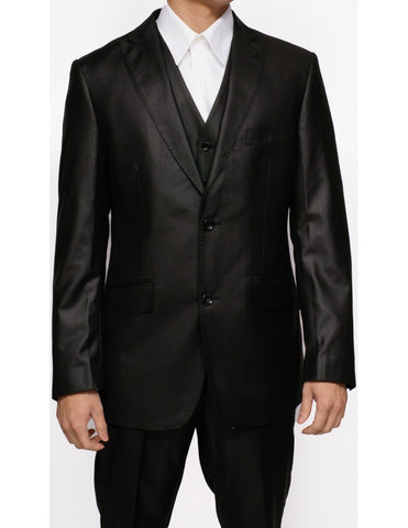 New Men's Three Piece Shiny Black Sharkskin Slim Fit Dress Suit