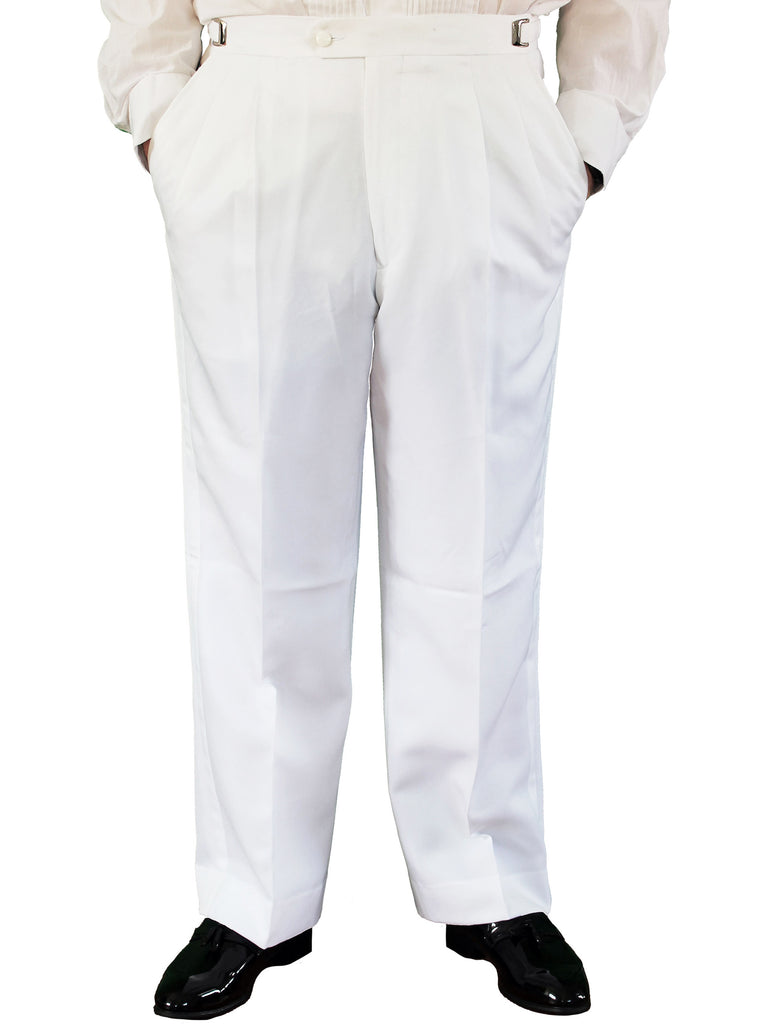 pleated dress pants for men White Pleated Adjustable Tuxedo Pants – New Era Factory Outlet